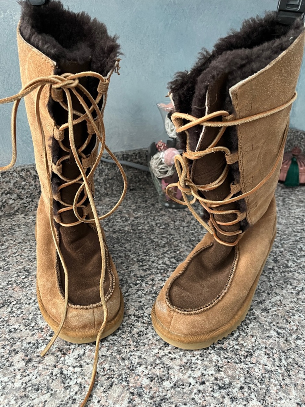 UGG Women's Tall Lace-Up Suede Boots in Brown with Dark Shearling